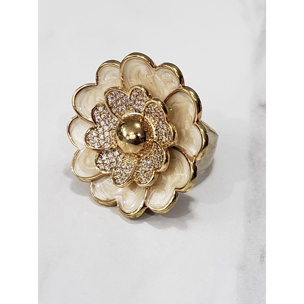 Lauren G Adams Signed 18k Gold Plate Sz 7 Enamel Flower Statement Ring Cocktail